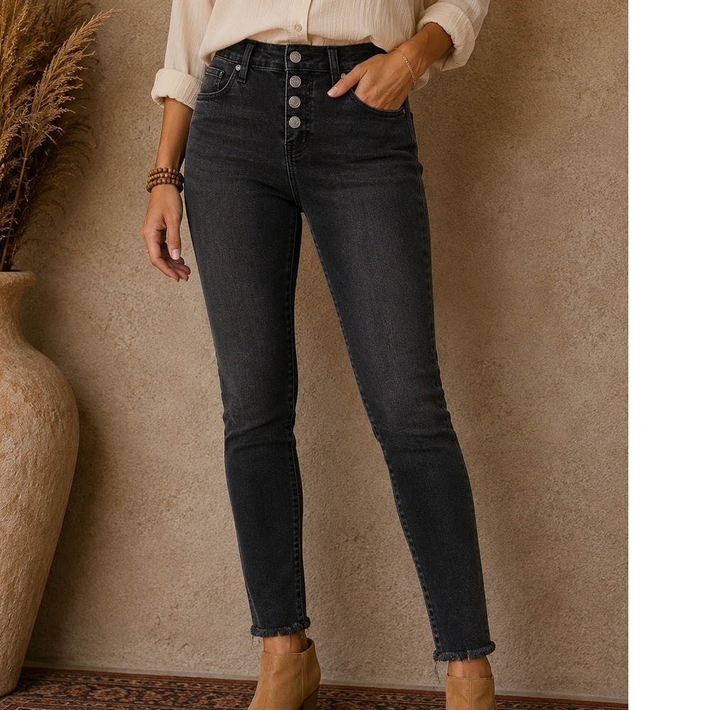 Madewell Curvy High-Rise Skinny Jeans Crop Black Button Fly Raw‎ Hem 26P Womens